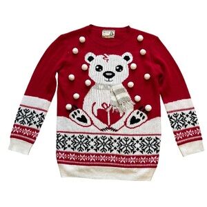 Adorable Festive Christmas Winter Red and White Polar Bear Sweater With Pom Poms